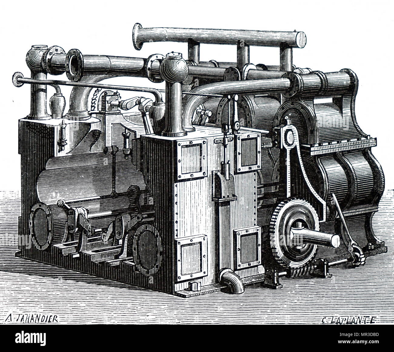Illustration depicting a compound steam engine of the French screw-driven armour-plated frigate 'Friedland'. These engines could maintain the ship at a speed of 14½ knots in cold weather, and consumed 5 tons of coal per hour. Dated 19th century Stock Photo