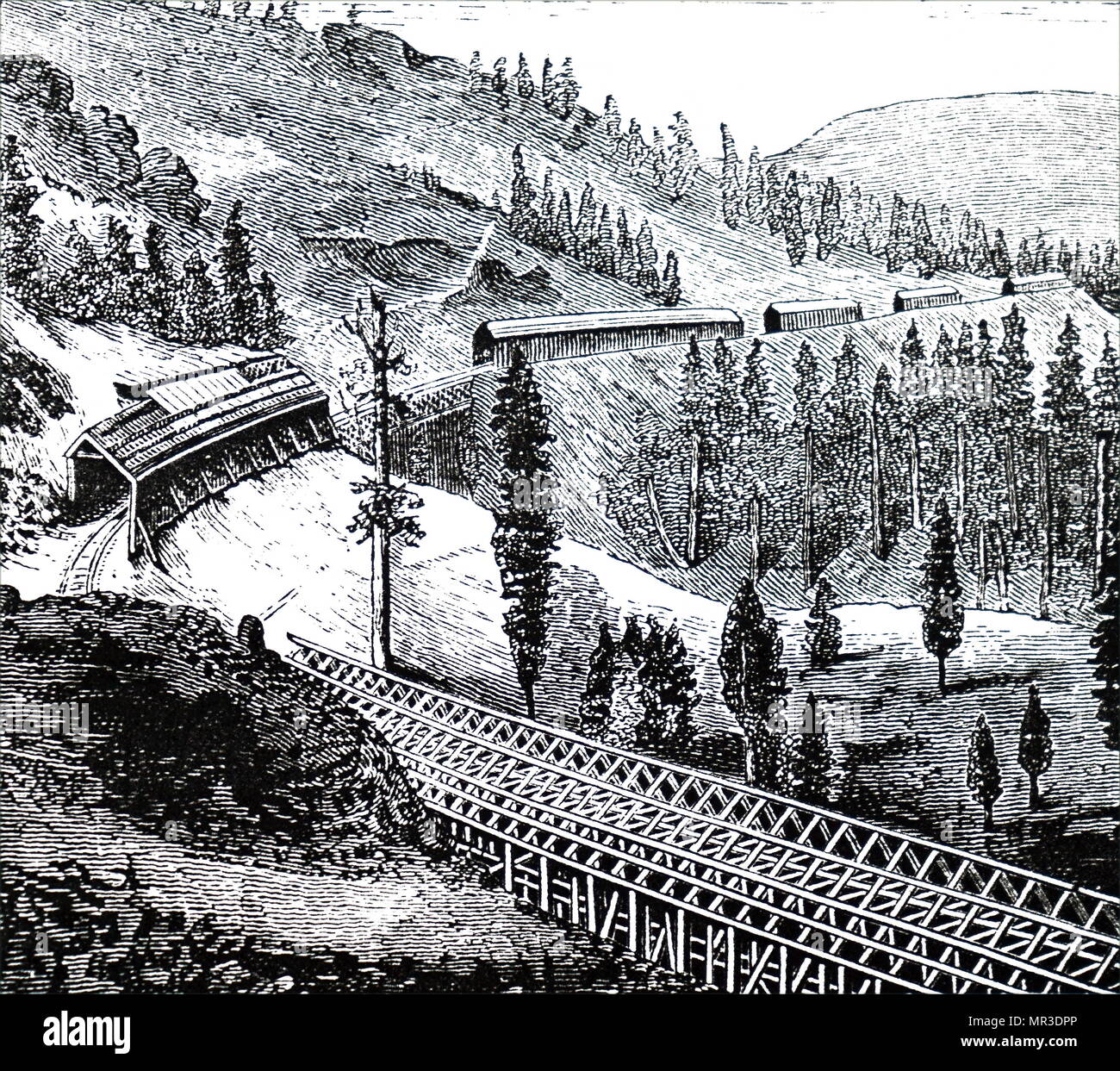 Illustration depicting snow sheds on the Pacific Railroad. Dated 19th century Stock Photo