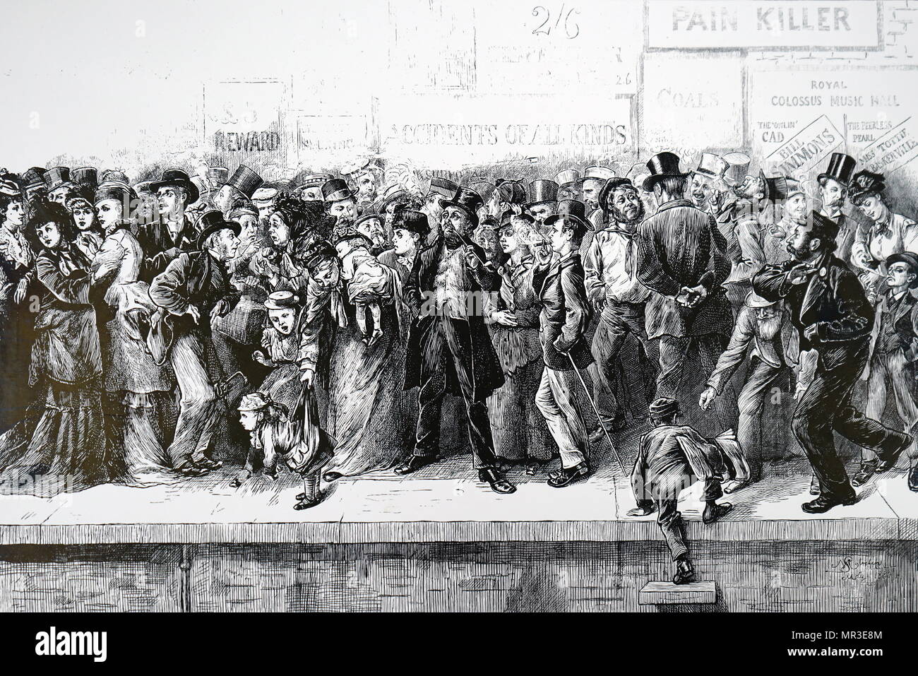 Cartoon depicting a chaotic state of Charing Cross Station. Illustrated by Harry Furniss (1854-1925) an artist and illustrator. Dated 19th century Stock Photo