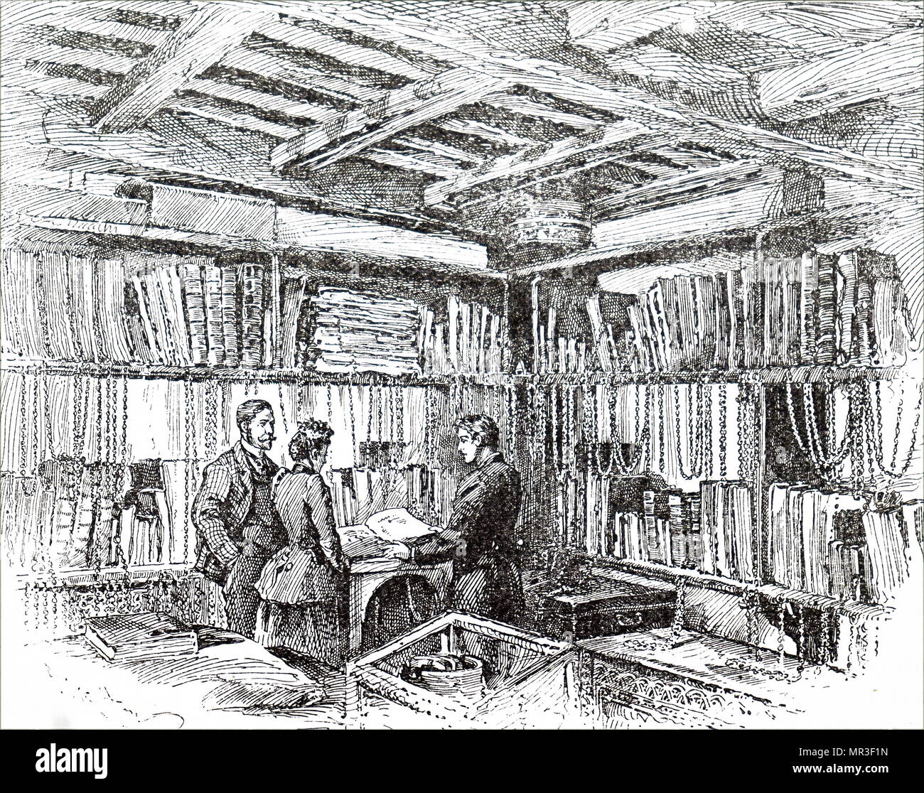 Illustration depicting the chained library at Wimborne Minister, Dorset. Dated 19th century Stock Photo
