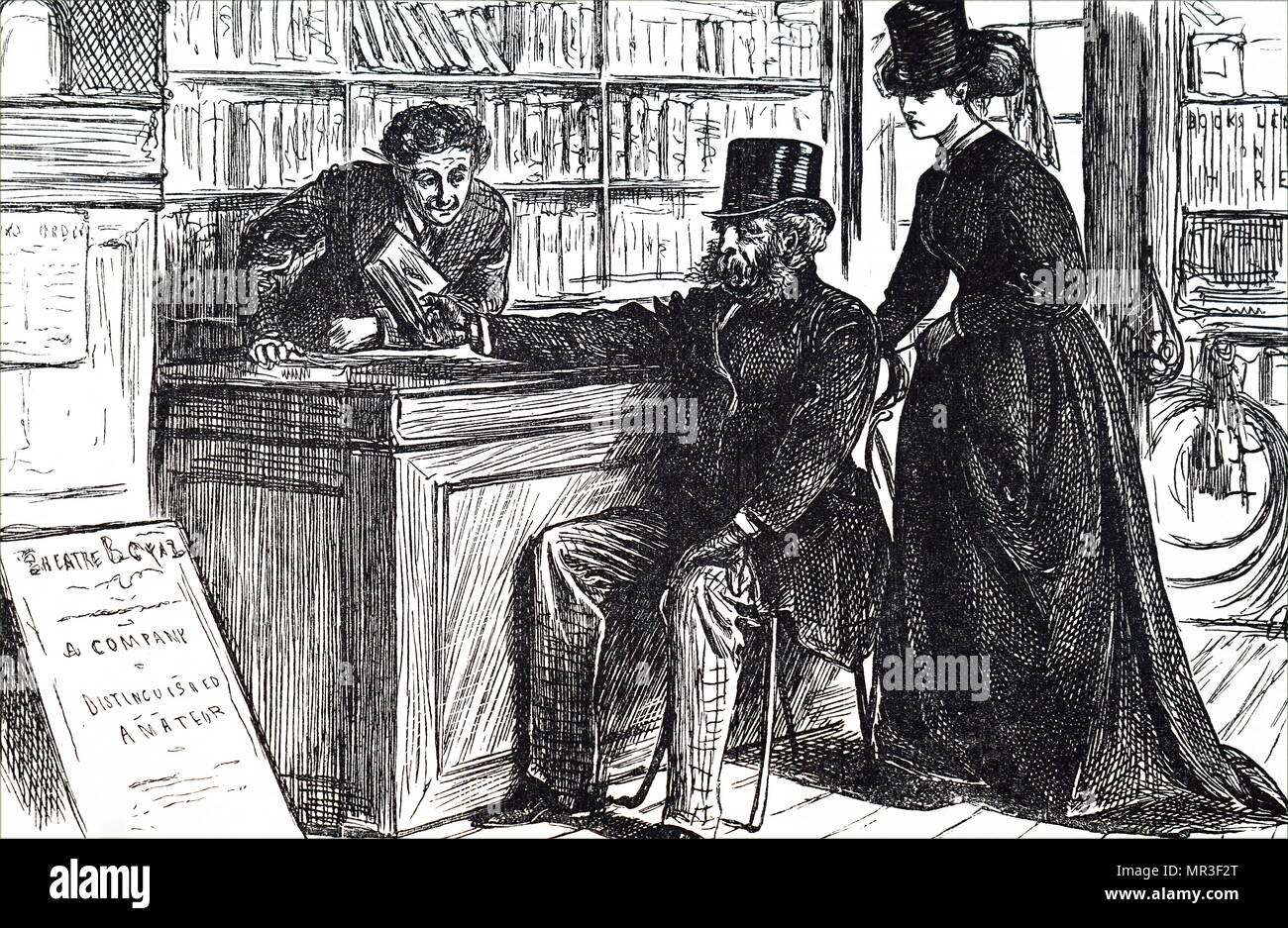 Illustration depicting a man checking out a book from the library, on behalf of his daughter. Dated 19th century Stock Photo