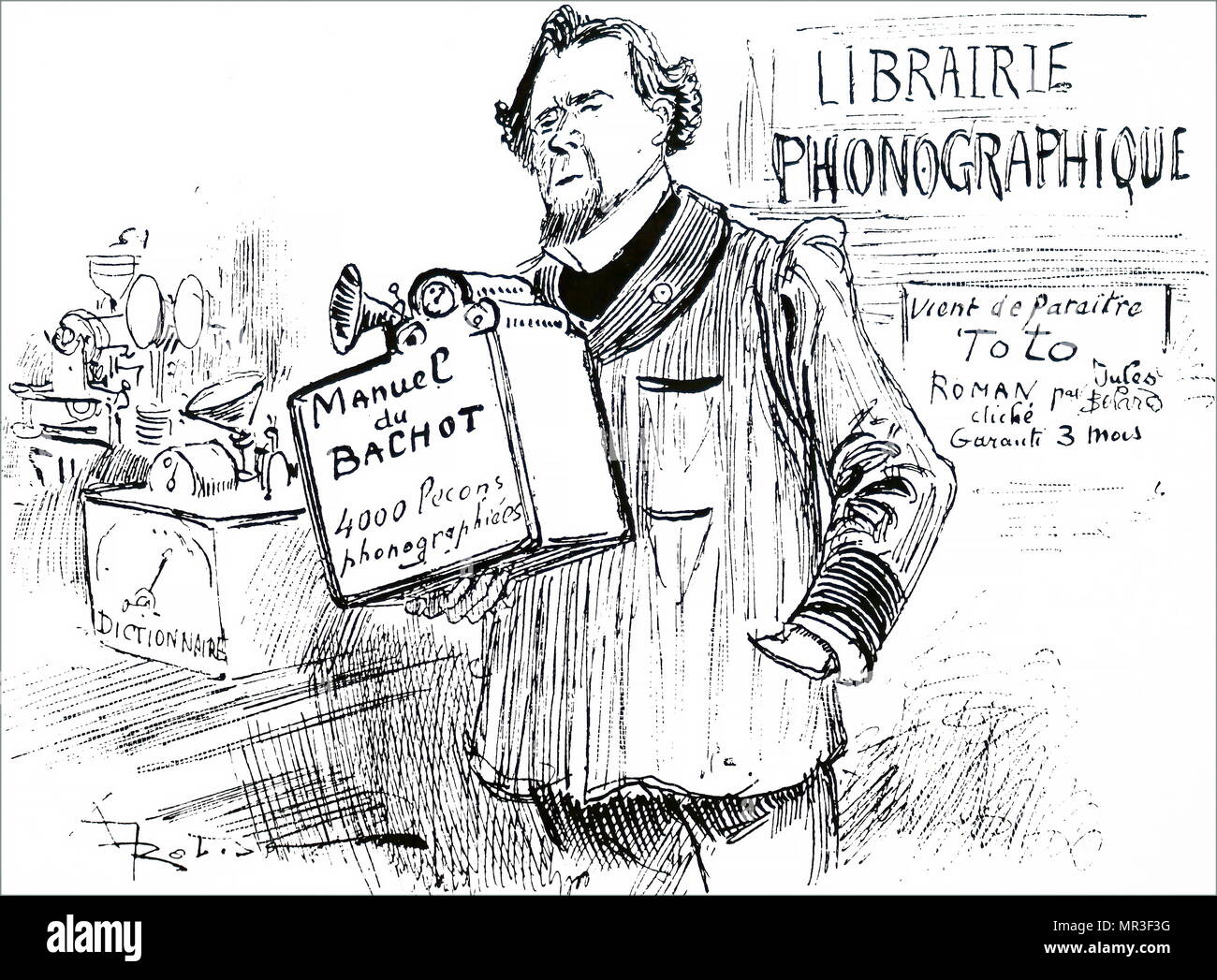 Illustration depicting a man in a record library checking something out. Dated 19th century Stock Photo