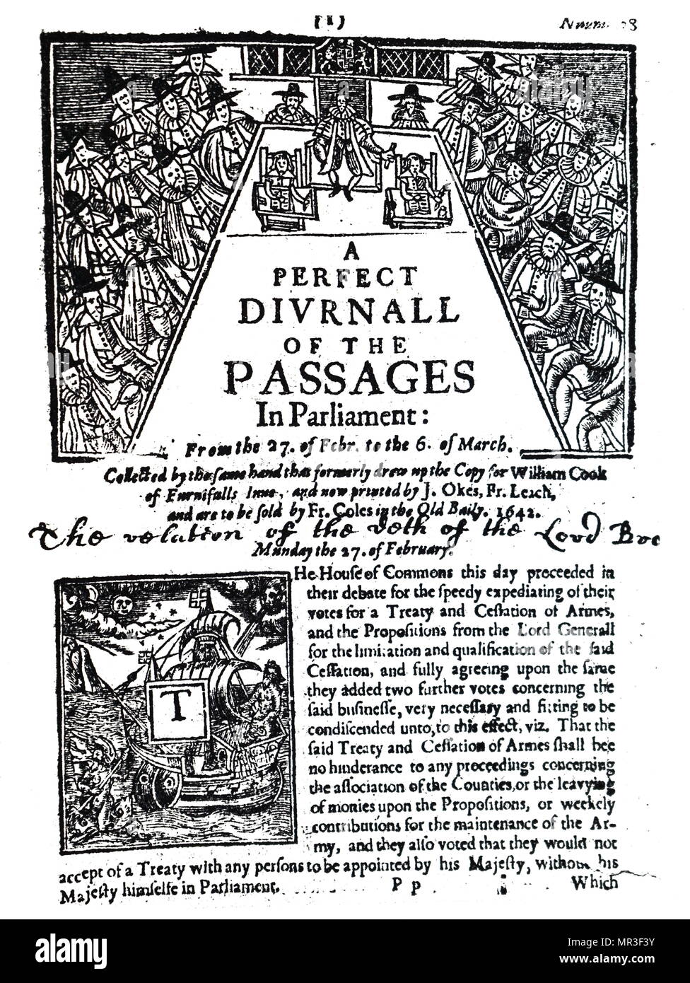 Front page from 'A Perfect Diurnall of the Passages in Parliament' which depicts the sitting of the House of Commons. Dated 17th century Stock Photo