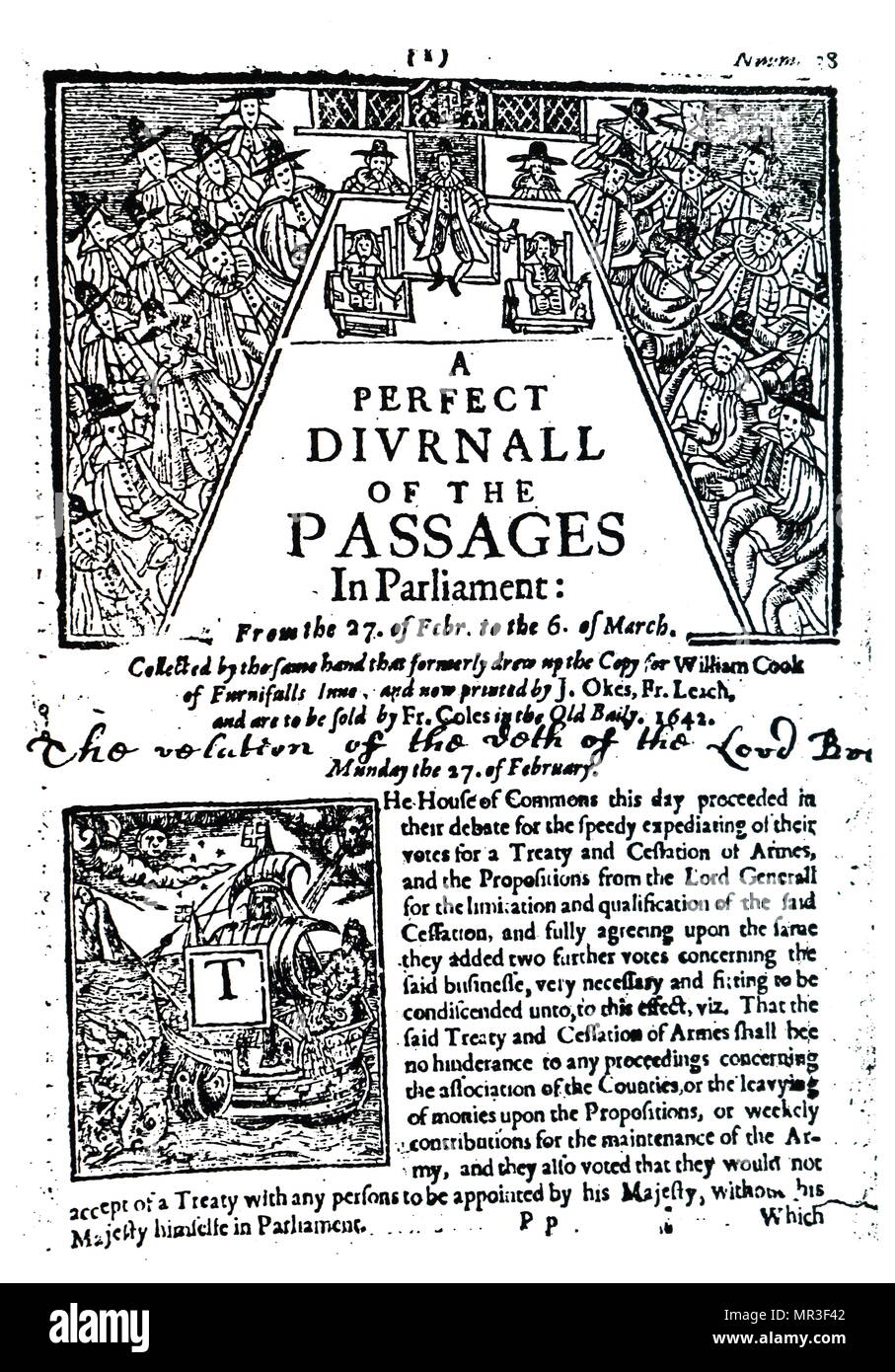 Front page from 'A Perfect Diurnall of the Passages in Parliament' which depicts the sitting of the House of Commons. Dated 17th century Stock Photo