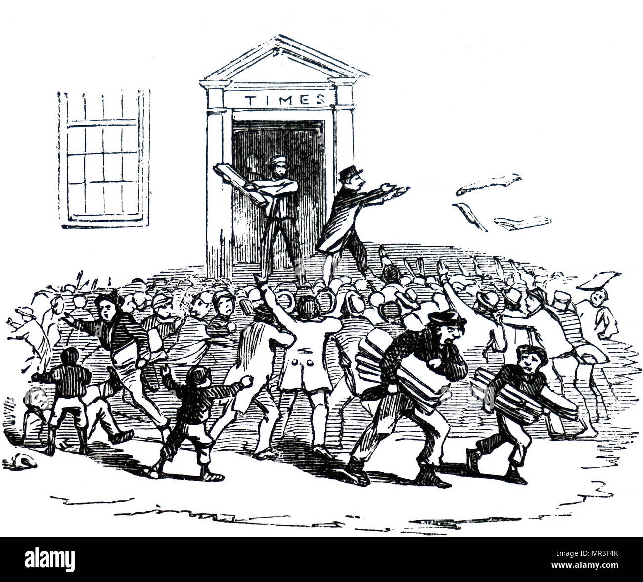 Cartoon depicting newsboys leaving The Times offices with the latest edition. Dated 19th century Stock Photo