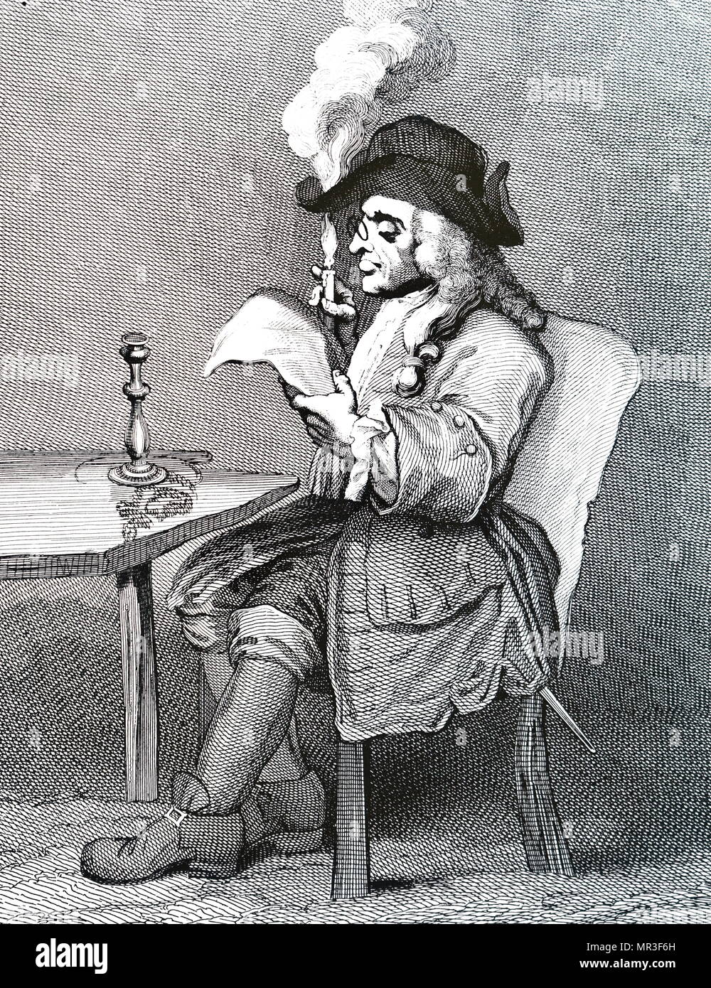 Engraving titled 'The Politician' by William Hogarth. The myopic politician is burning his hat with the candle he is holding up to read his newspaper. William Hogarth (1697-1764) an English painter, printmaker, pictorial satirist, social critic, and editorial cartoonist. Dated 19th century Stock Photo