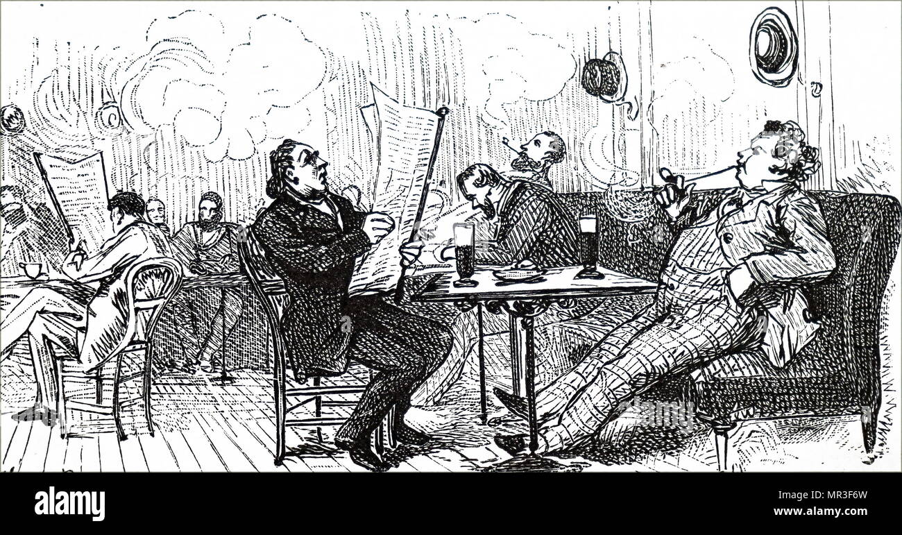 Cartoon depicting men reading their newspapers in a French café, whilst they smoke. Dated 19th century Stock Photo