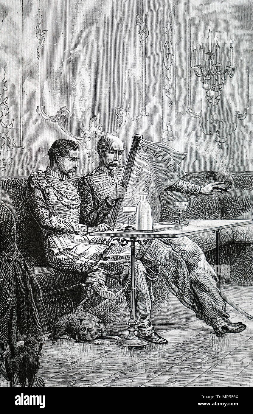 Illustration depicting officers reading their newspapers in a café, whilst the smoke. Dated 19th century Stock Photo