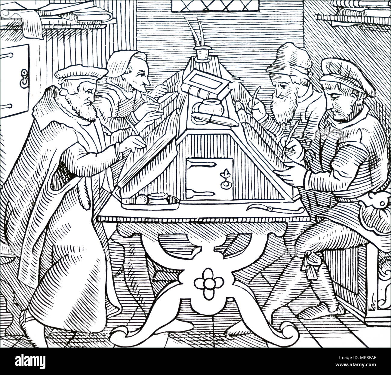 Woodcut print depicting histographies writing at a sloped desk. Dated 16th century Stock Photo