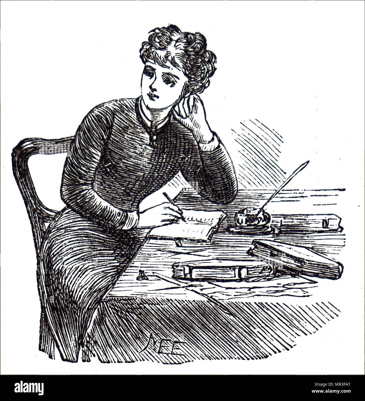 Illustration depicting a young girl writing a letter at her desk. Illustrated by Mary Ellen Edwards (1838-1934) an English artist. Dated 19th century Stock Photo
