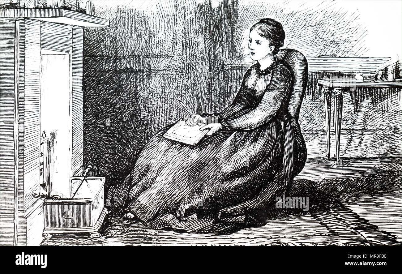 Illustration depicting a young woman writing a letter seated before an ...