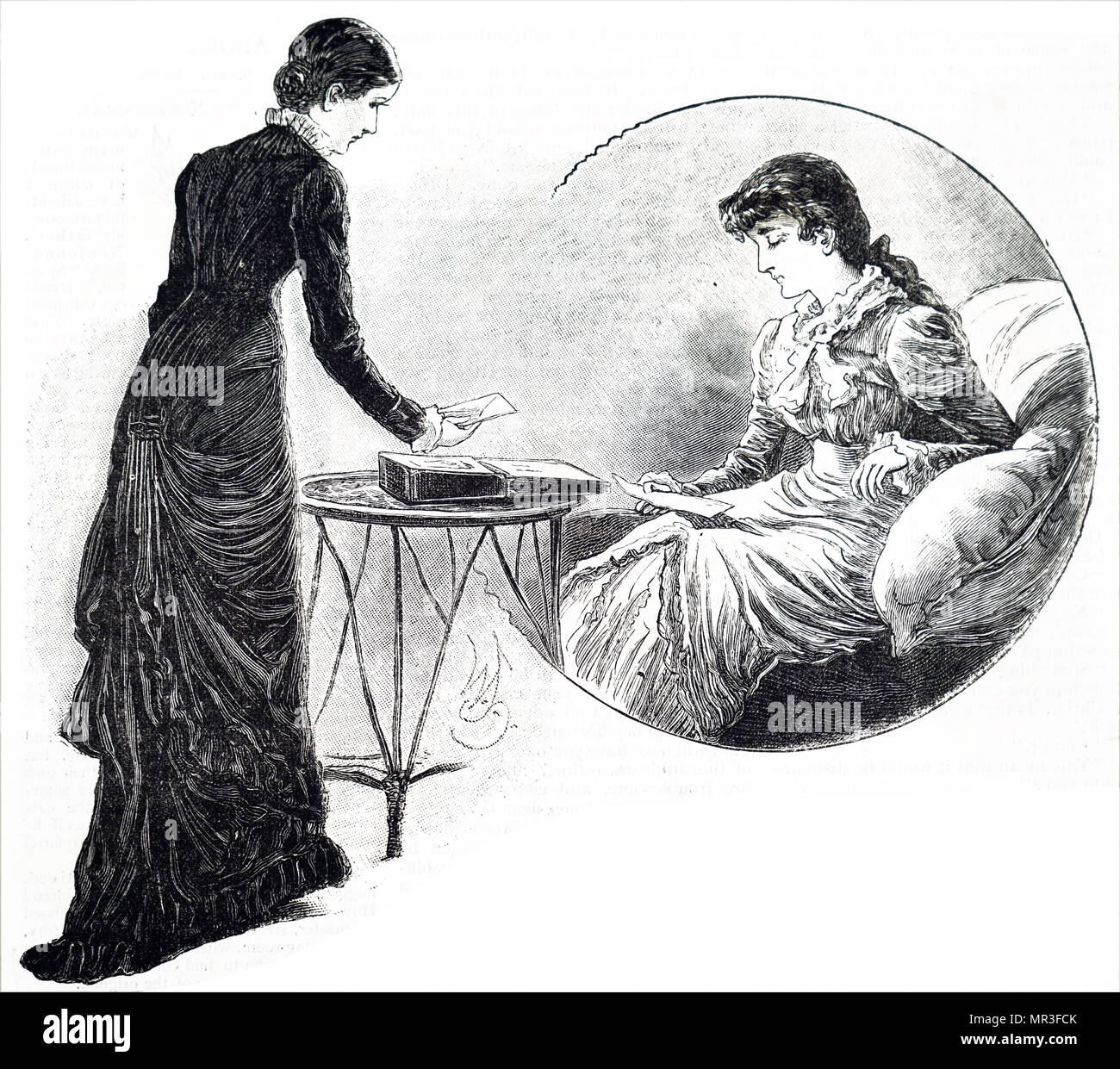 Illustration depicting young women writing letters using writing slopes