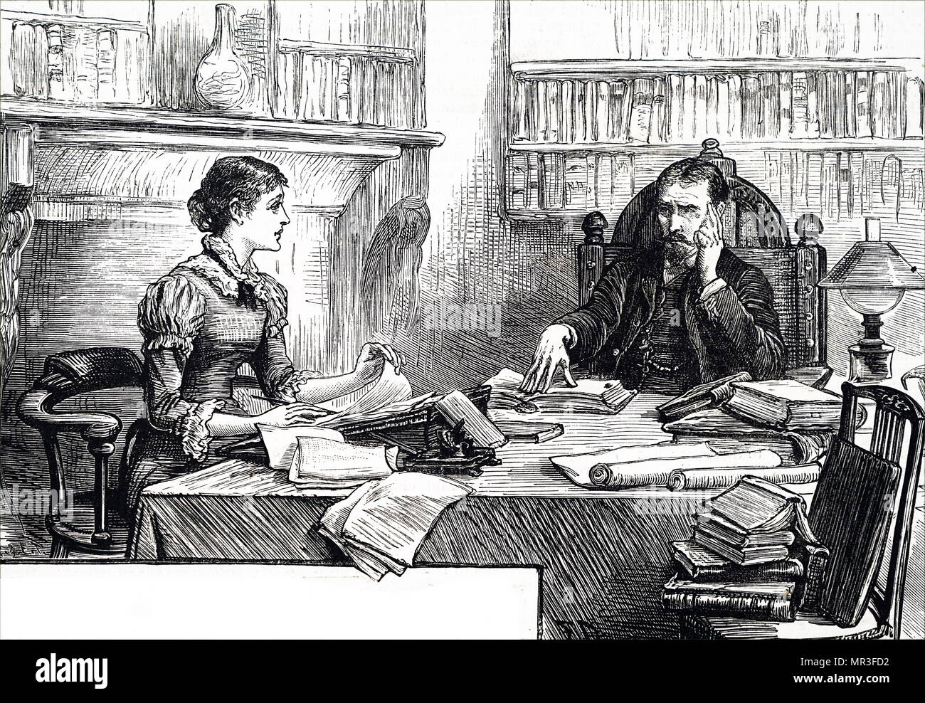 Illustration depicting a young woman re-reading a letter she had just written to her father. Dated 19th century Stock Photo