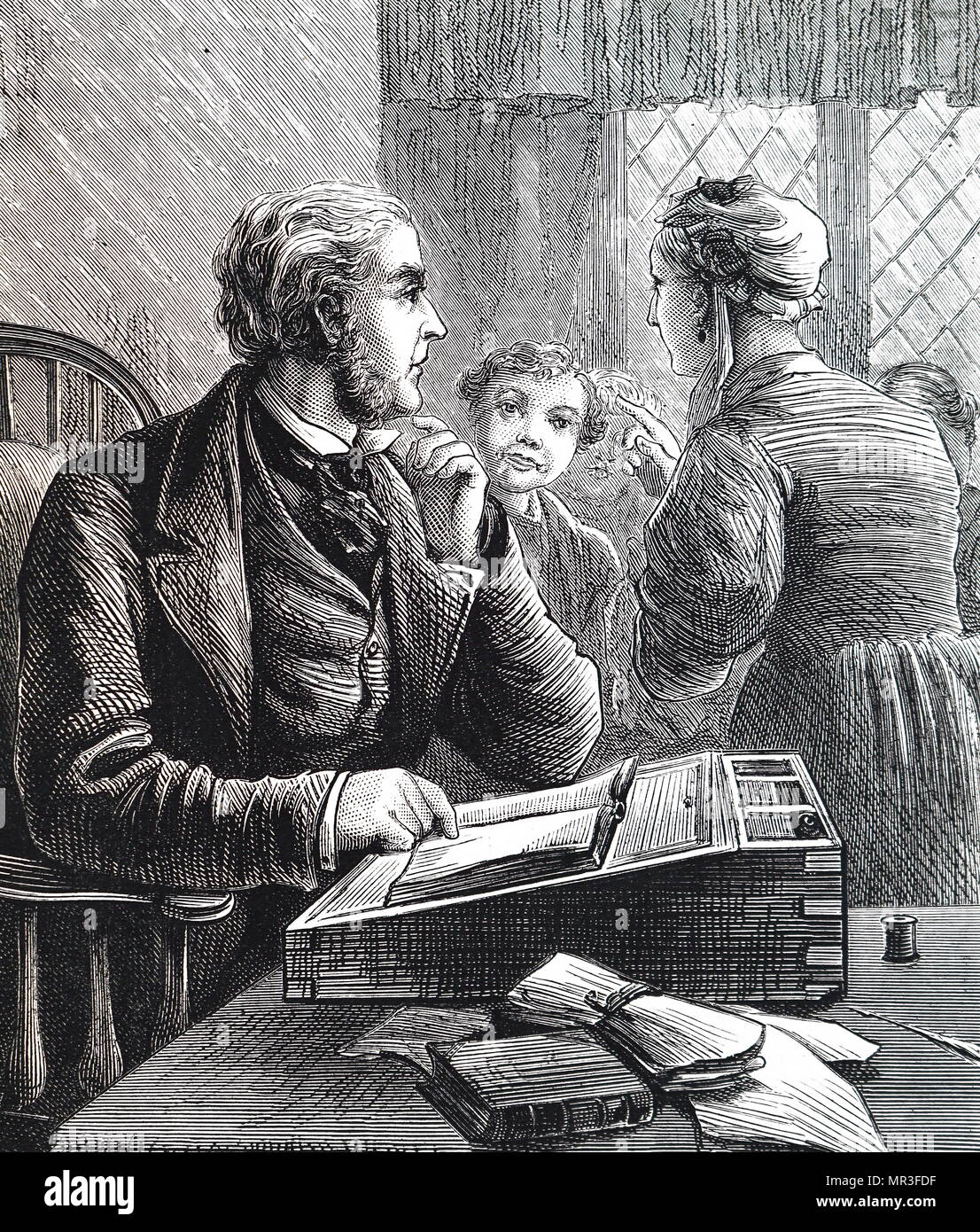 Illustration depicting a man using a writing slope to write a letter. Dated  19th century Stock Photo - Alamy