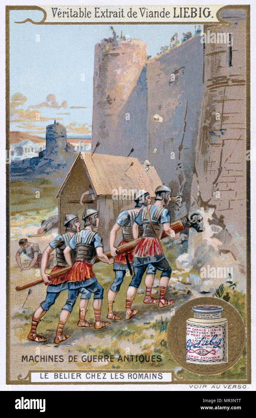 Liebig chromolithograph card showing Roman soldiers besieging a castle wall using a battering ram (1890) Stock Photo