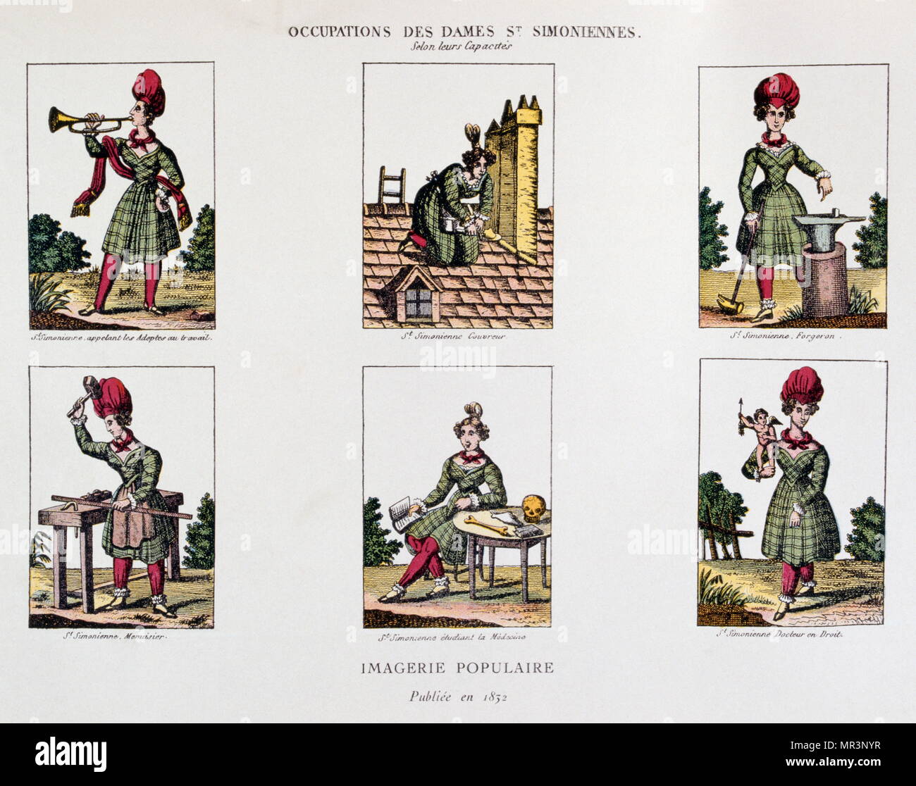 The various occupations (employment) of  Women, Illustration from Les Saint-Simoniens, 1830, by Henry-René D'Allemagne. Saint-Simonism was an ideology based on a socio-economic and political doctrine, the influence of which was decisive in the nineteenth century. It takes its name from the count of Saint-Simon (1760-1825). His disciple or supporter is called 'Saint-Simonian.' It can be considered as the founding thought of French industrial society. Stock Photo