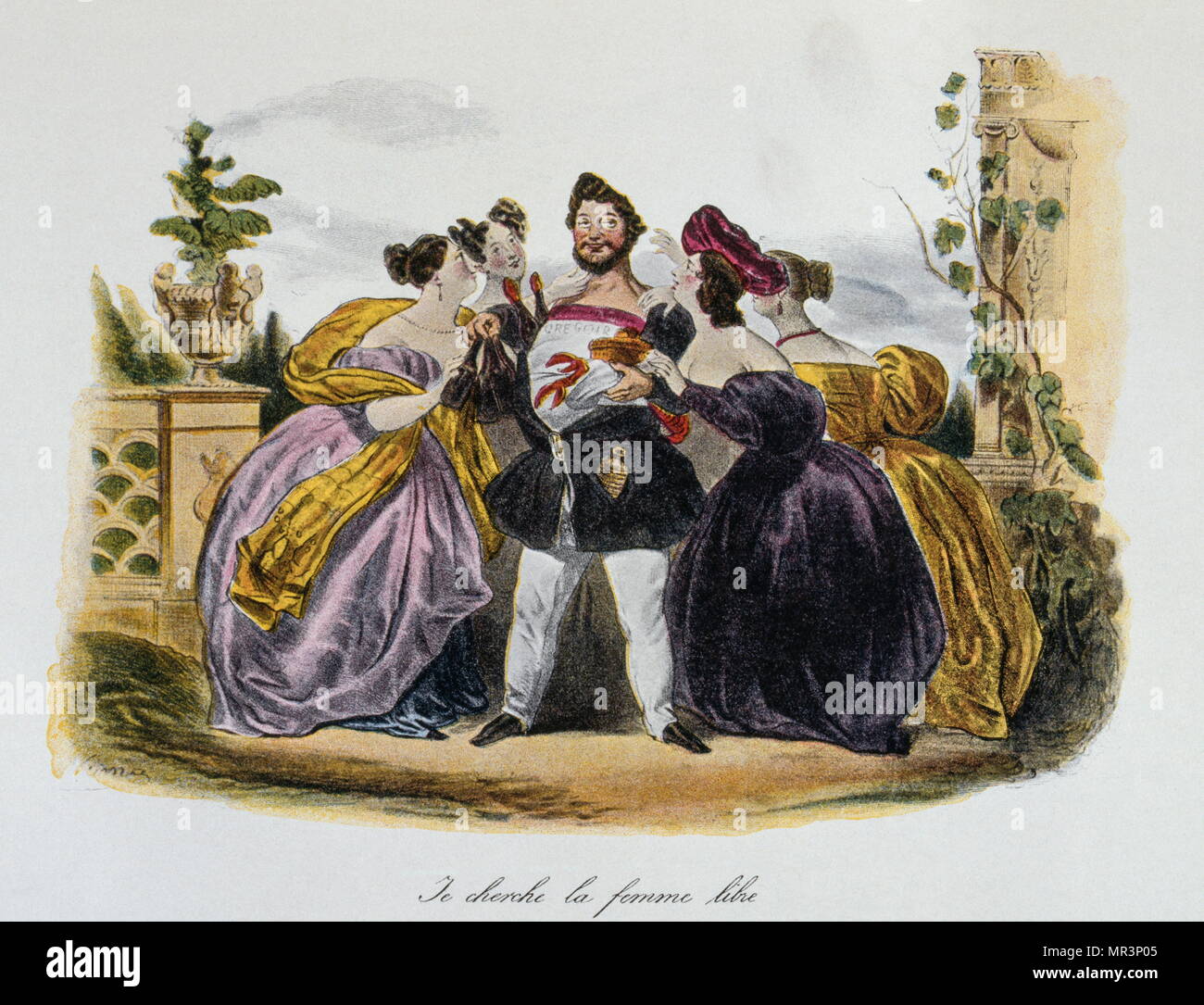 The search for a partner (by liberated women). Illustration from Les Saint-Simoniens, 1830, by Henry-René D'Allemagne. Saint-Simonism was an ideology based on a socio-economic and political doctrine, the influence of which was decisive in the nineteenth century. It takes its name from the count of Saint-Simon (1760-1825). His disciple or supporter is called 'Saint-Simonian.' It can be considered as the founding thought of French industrial society. Stock Photo