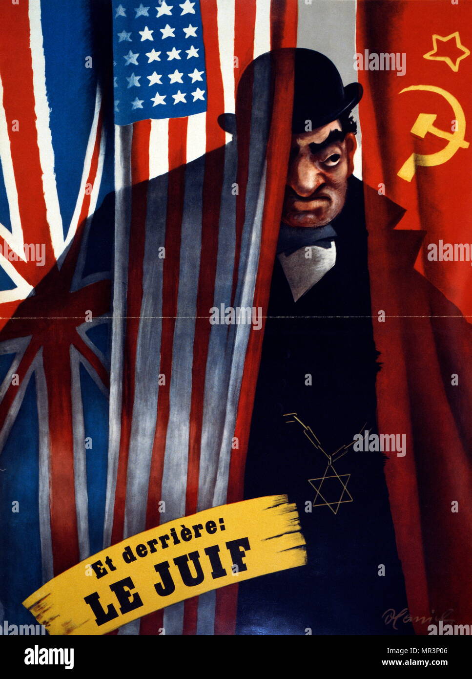 Anti-Semitic poster from Nazi-occupied France during World war two. by Bruno Hanich, artist; 1943. Nazi propagandists often depicted 'the Jew' as a conspirator who plotted to dominate the world, acting in the dark in countries at war with Germany. The caricature represents the 'Jewish financier' manipulating the Allies - Great Britain and the United States Stock Photo