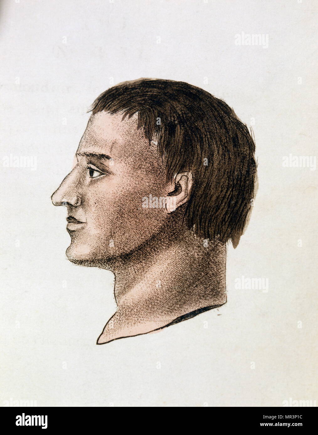 Illustration of a man from 'The Portable Lavater or precise the art of knowing men by the facial features' 1808 by Johann Kaspar Lavater (1741 – 1801). Lavater was a Swiss poet, writer, philosopher, physiognomist and theologian. Lavater is most known for his work in the field of physiognomy. He introduced the idea that physiognomy related to the specific character traits of individuals, rather than general types. Stock Photo