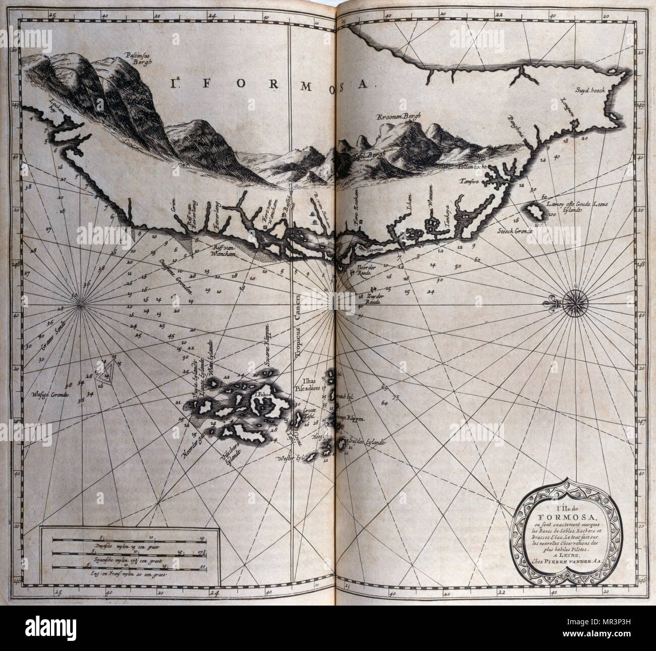 Map of Formosa Island (now Taiwan).  From voyages made to Persia and India 1727, by Johan Albrecht de Mandelslo (1616–1644). seventeenth-century German adventurer, who wrote about his travels through Persia and India. Stock Photo