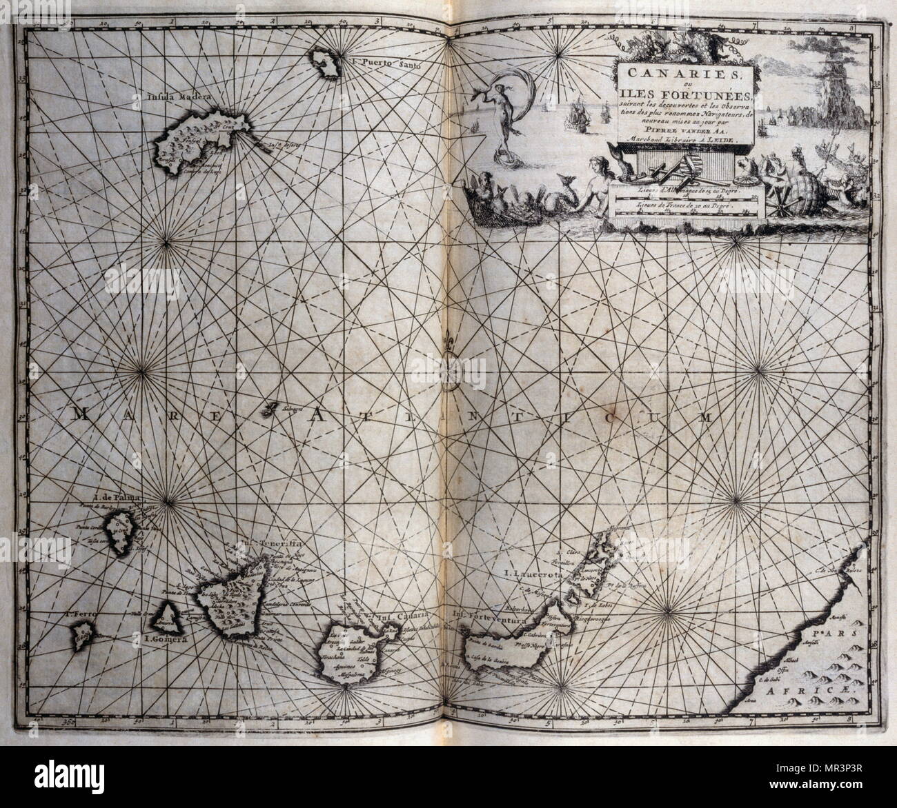 Map of the Canary Islands. From voyages made to Persia and India 1727, by Johan Albrecht de Mandelslo (1616–1644). seventeenth-century German adventurer, who wrote about his travels through Persia and India. Stock Photo