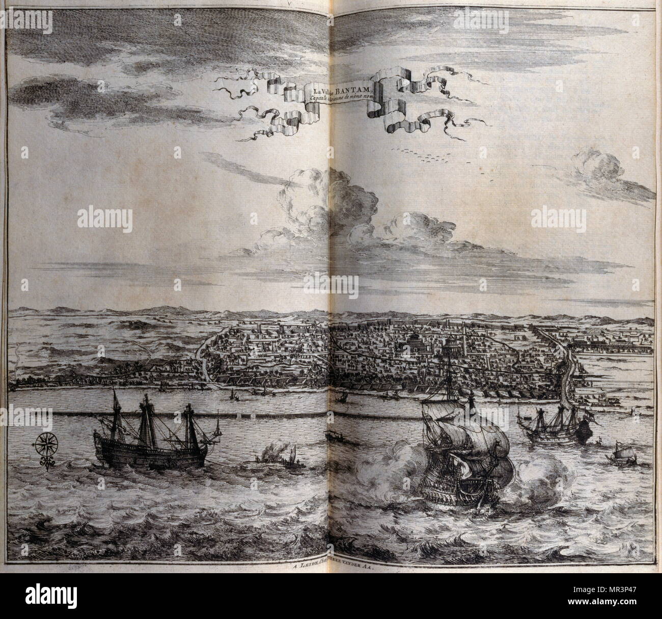 View of Banten, (Bantam), a small port town located near the western end of Java, in the Dutch East Indies (Indonesia) 1727. From voyages made to Persia and India 1727, by Johan Albrecht de Mandelslo (1616–1644). seventeenth-century German adventurer, who wrote about his travels through Persia and India. Stock Photo