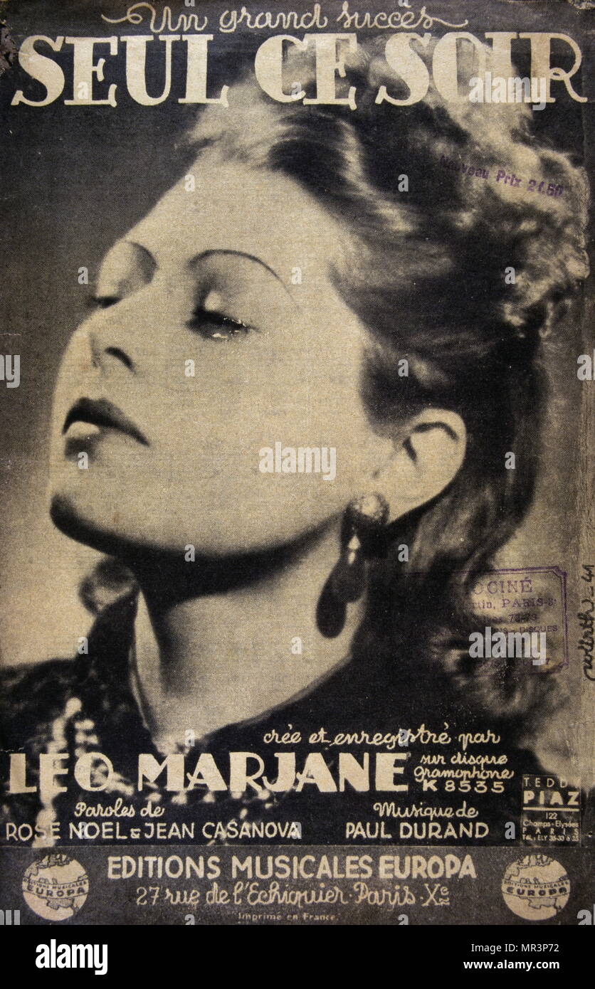 Song book of 'seul Ce Soir' sung  Leo Marjane (1912 – 2016) who was a French singer that reached the peak of her popularity in the late 1930s and early 1940s Stock Photo