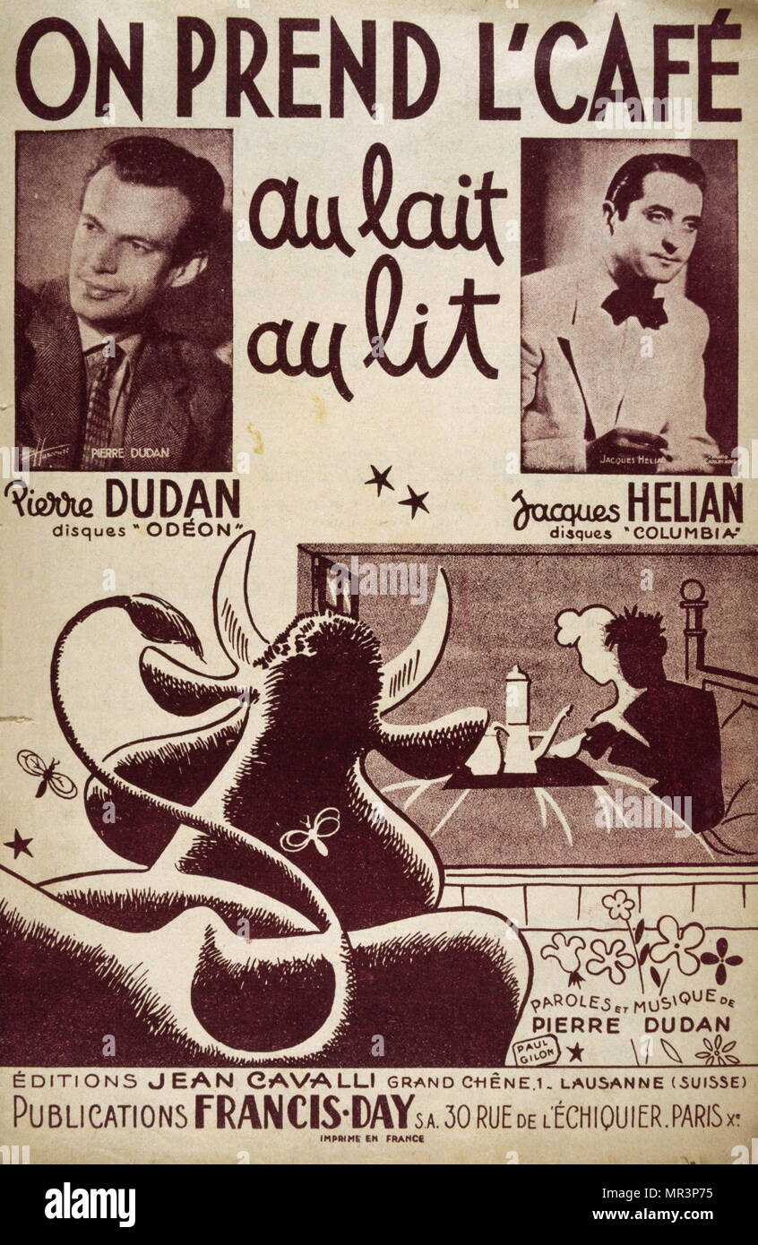 1941 song book 'On prend l'café au lait au lit' sung by Pierre Dudan (1916–1984) was a Russian-born Swiss actor and singer. Stock Photo