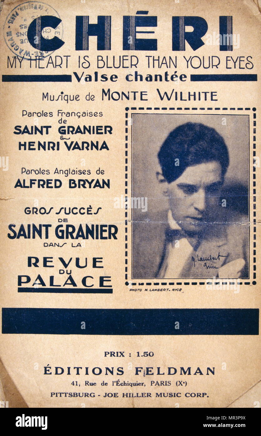 Music book for 'cheri' by Saint-Granier, (1890 - 1976) French singer, songwriter, circa 1950 Stock Photo