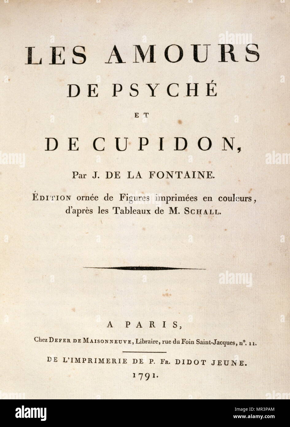 Title page of the 1791 edition of Cupid and Psyche, originally published in 1669 by Jean La Fontaine (French 17th century author).  It concerns the overcoming of obstacles to the love between Psyche and Cupid, and their ultimate union in a sacred marriage. Stock Photo