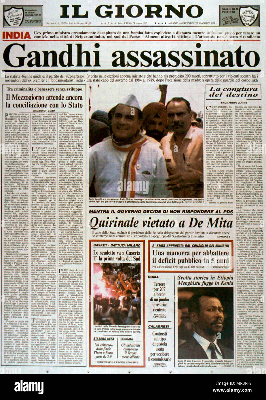 Front Cover Of The Italian Newspaper Il Giorno Following The Assassination Of Rajiv Gandhi 1944 1991 6th Prime Minister Of India Serving From 1984 To 1989 He Took Office After The
