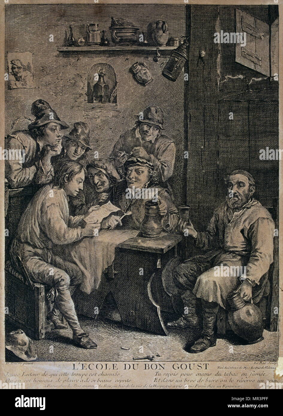 18th century Dutch engraving showing the 'l'ecole du bon Gout' (the good school of gout) An 18th century Dutch inn, where men sit drinking Stock Photo