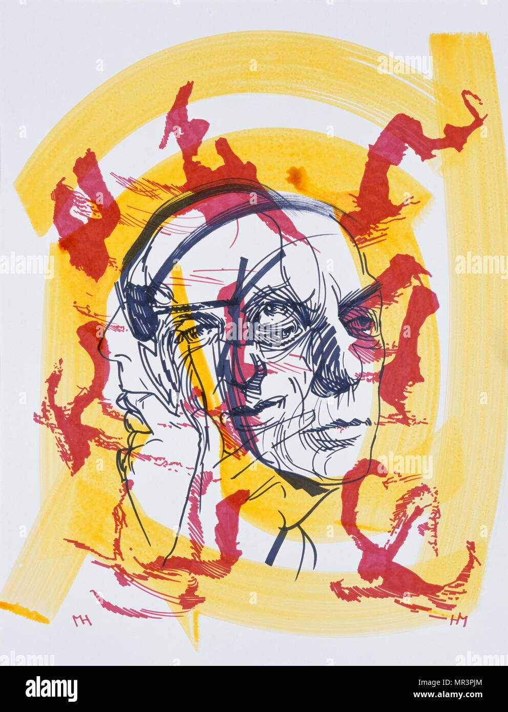 Henri Michaux (1899 – 1984), Belgian-born poet, writer, and painter. 1998 Portrait on a poster by Raymond Moretti (1931-2005), a French painter and sculptor. Stock Photo