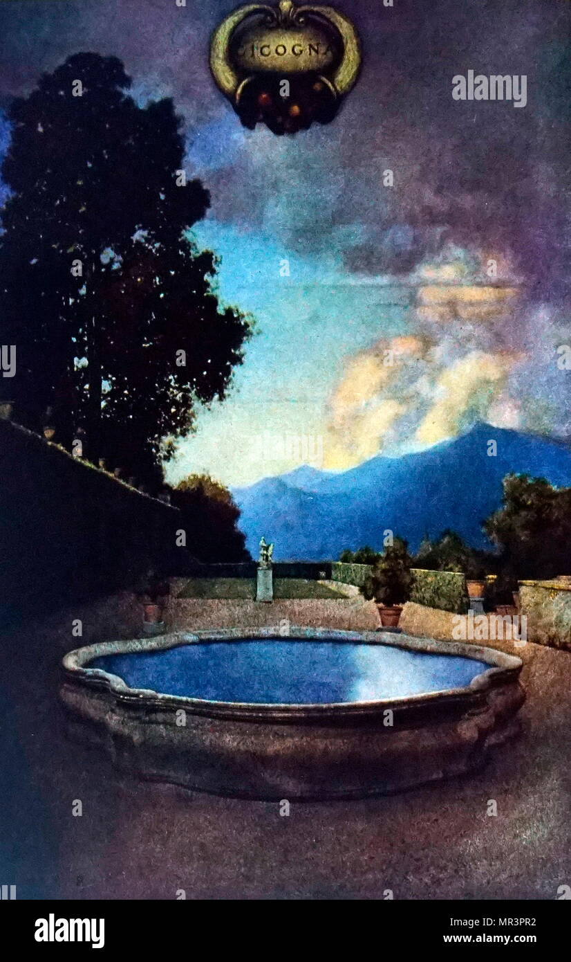 In the Gardens of Villa Cicogna, Lago Maggiore, illustration by Maxfield Parrish, for Edith Wharton's 'Italian Villas and Their Gardens'. 1904 Stock Photo