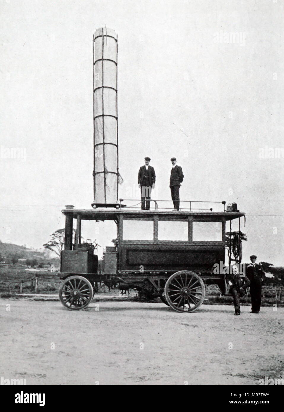 Photograph of a mobile radio station used by Guglielmo Marconi.  Guglielmo Marconi (1874-1937) an Italian inventor and electrical engineer known for his pioneering work on long-distance radio transmission and for his development of Marconi's Law and a radio telegraph system. Dated 20th century Stock Photo
