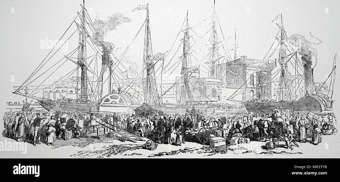 Illustration depicting paddle steamers Nimrod and Athlone leaving Cork, Ireland, loaded with Irish emigrants bound for Liverpool. Dated 19th century Stock Photo