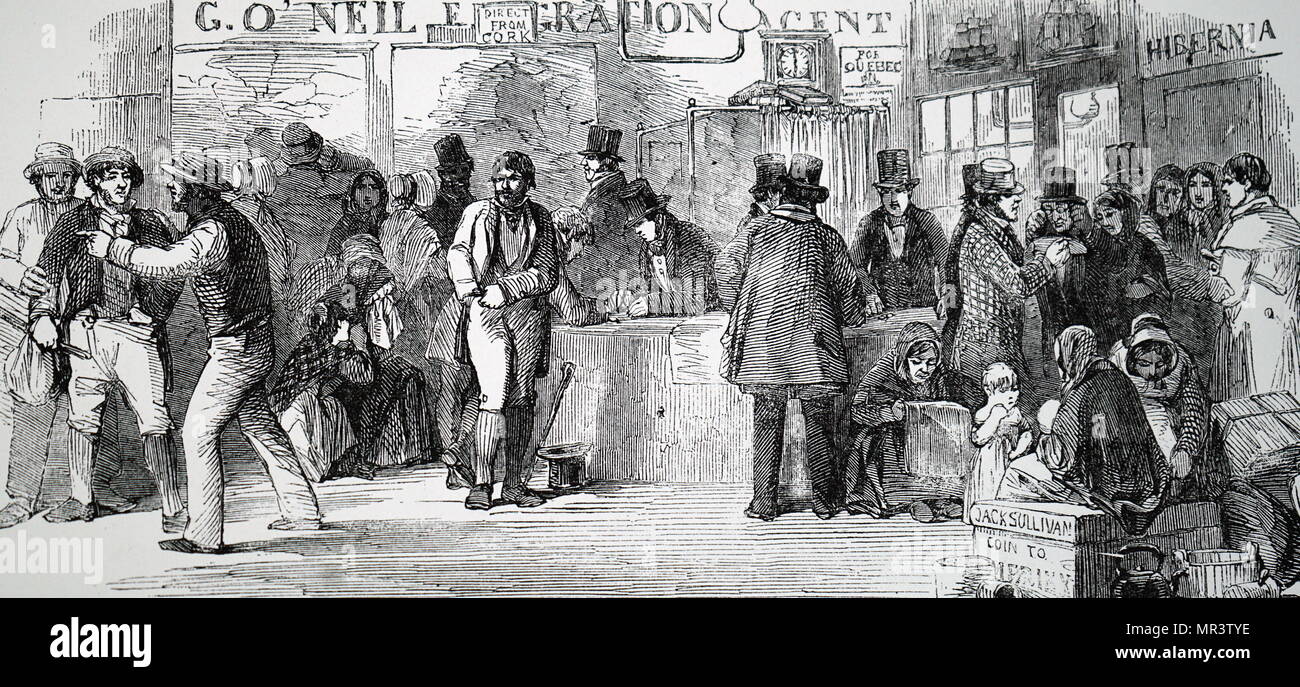 Illustration depicting Irish emigrants paying their passage money at the emigration agent's office at Cork. Dated 19th century Stock Photo