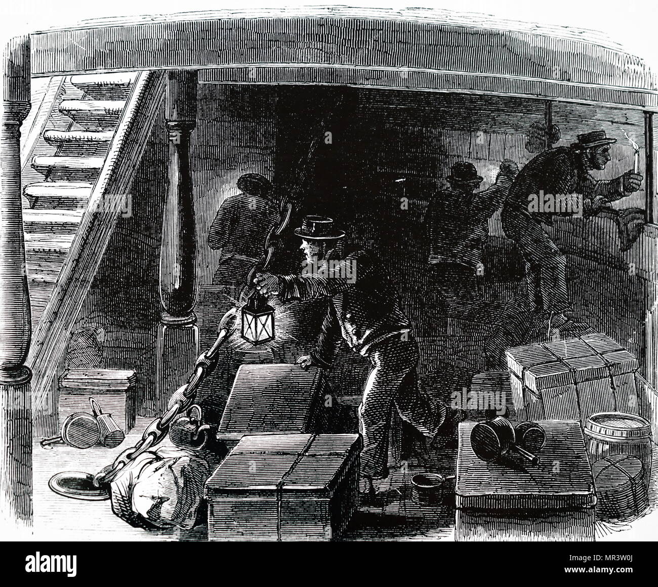 Illustration depicting crew conducting a search for stowaways on an emigrant ship travelling from Liverpool to America. Dated 19th century Stock Photo