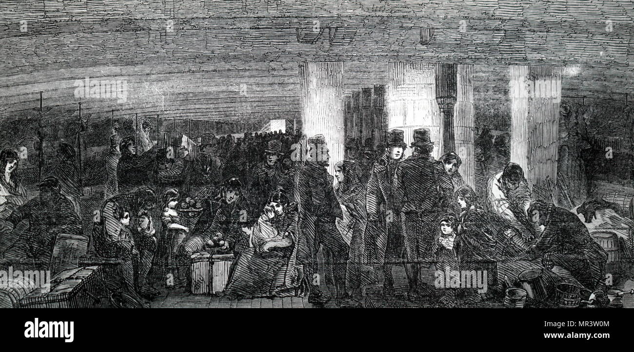 Illustration depicting the between decks on an emigrant ship travelling from Liverpool to America. Dated 19th century Stock Photo