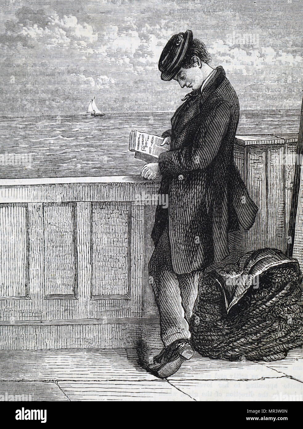 Illustration depicting an emigrant reading aboard a ship travelling to America. Dated 19th century Stock Photo