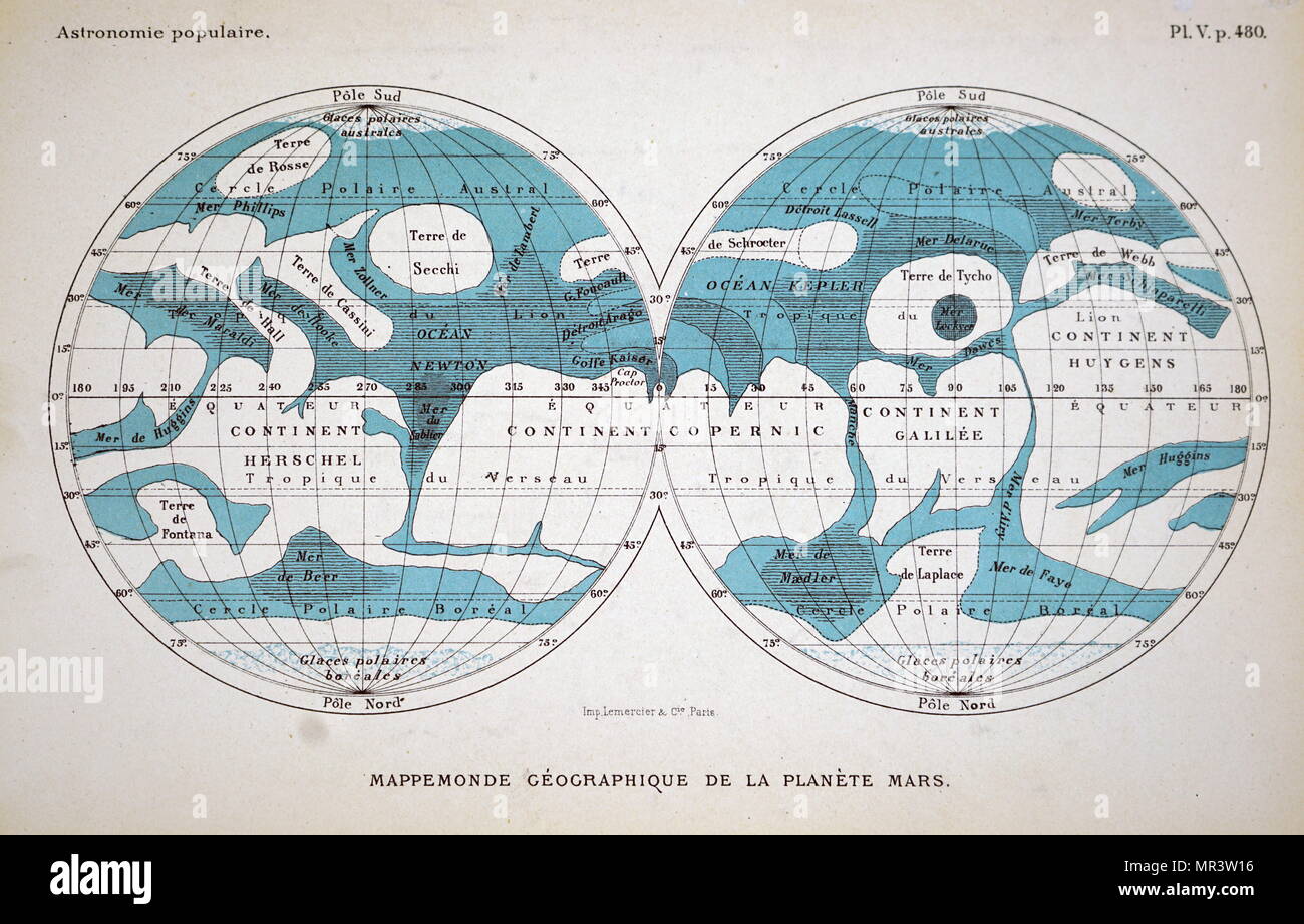 General map of Mars based on all the latest observations. Dated 19th century Stock Photo