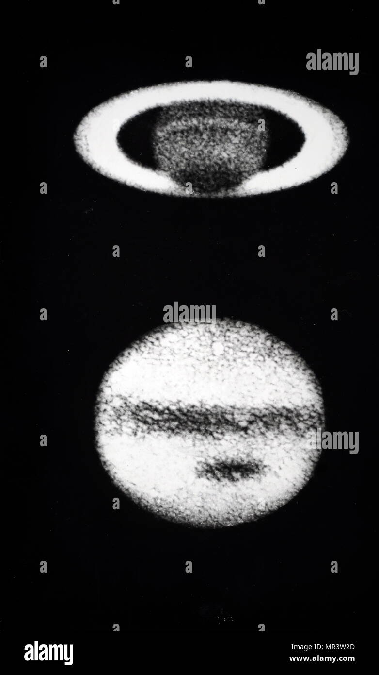 Photograph of Jupiter (top) and Saturn (bottom), taken by Andrew Ainslie Common. Andrew Ainslie Common (1841-1903) an English amateur astronomer best known for his pioneering work in astrophotography. Dated 19th century Stock Photo