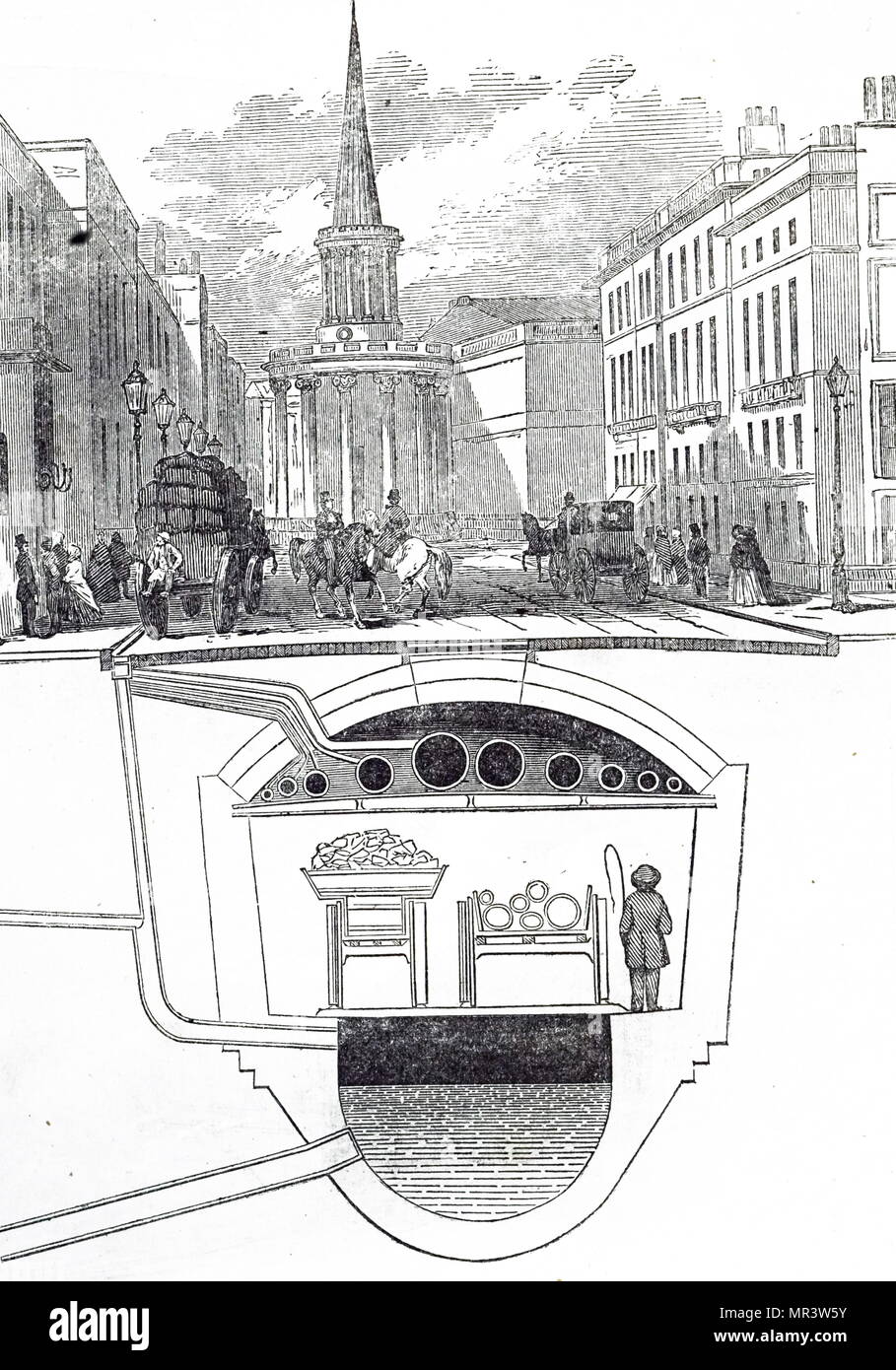 Illustration depicting a subway used for carrying sewers, gas and water supplies. Sectional view of the planned subway beneath Holywell Street, Oxford. Dated 19th century Stock Photo