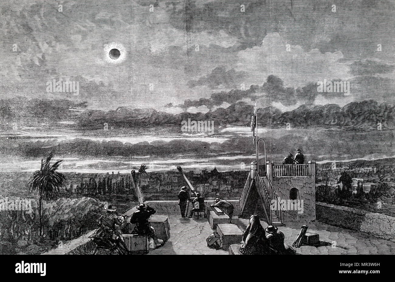 Engraving depicting the American expedition observing the total solar eclipse of 1870, from Xeres, San Antonio. Dated 19th century Stock Photo