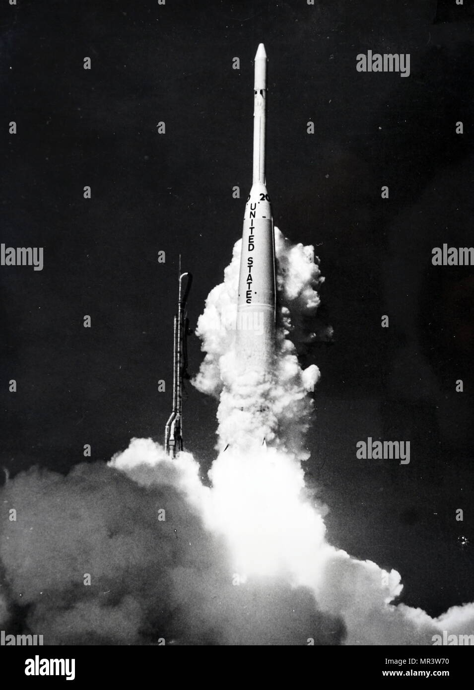 Photograph taken during the launch of Syncom 2, he first geosynchronous communications satellite. Dated 20th century Stock Photo