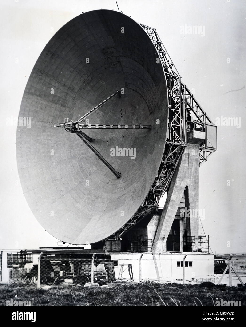 Photograph of the dish antenna used in the communications experiments with the Telstar Satellite located at Goonhilly Downs, England Stock Photo