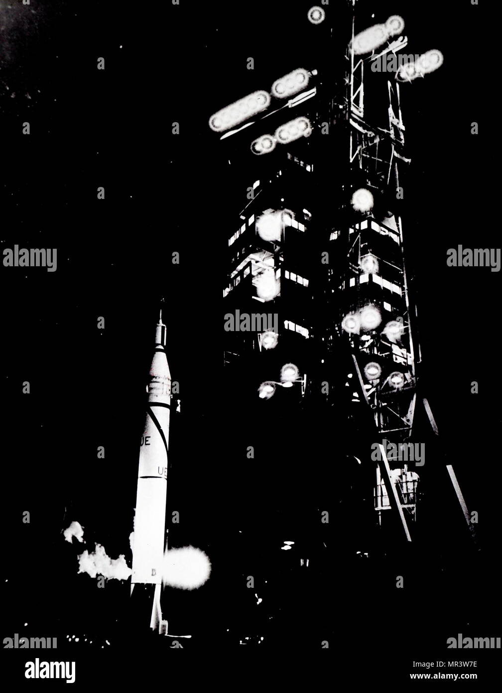 Photograph taken during the launch of the Jupiter-C Rocket, an American research and development vehicle developed from the Jupiter-A. Dated 20th century Stock Photo