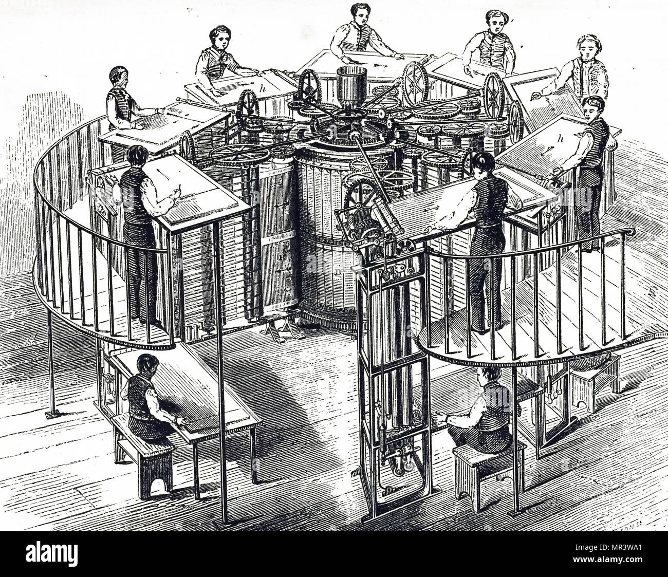 Engraving depicting The Times printing machine developed by Augustus Applegath. Augustus Applegath (1788-1871) an English printer and inventor known for developing the first workable vertical-drum rotary printing press. Dated 19th century Stock Photo