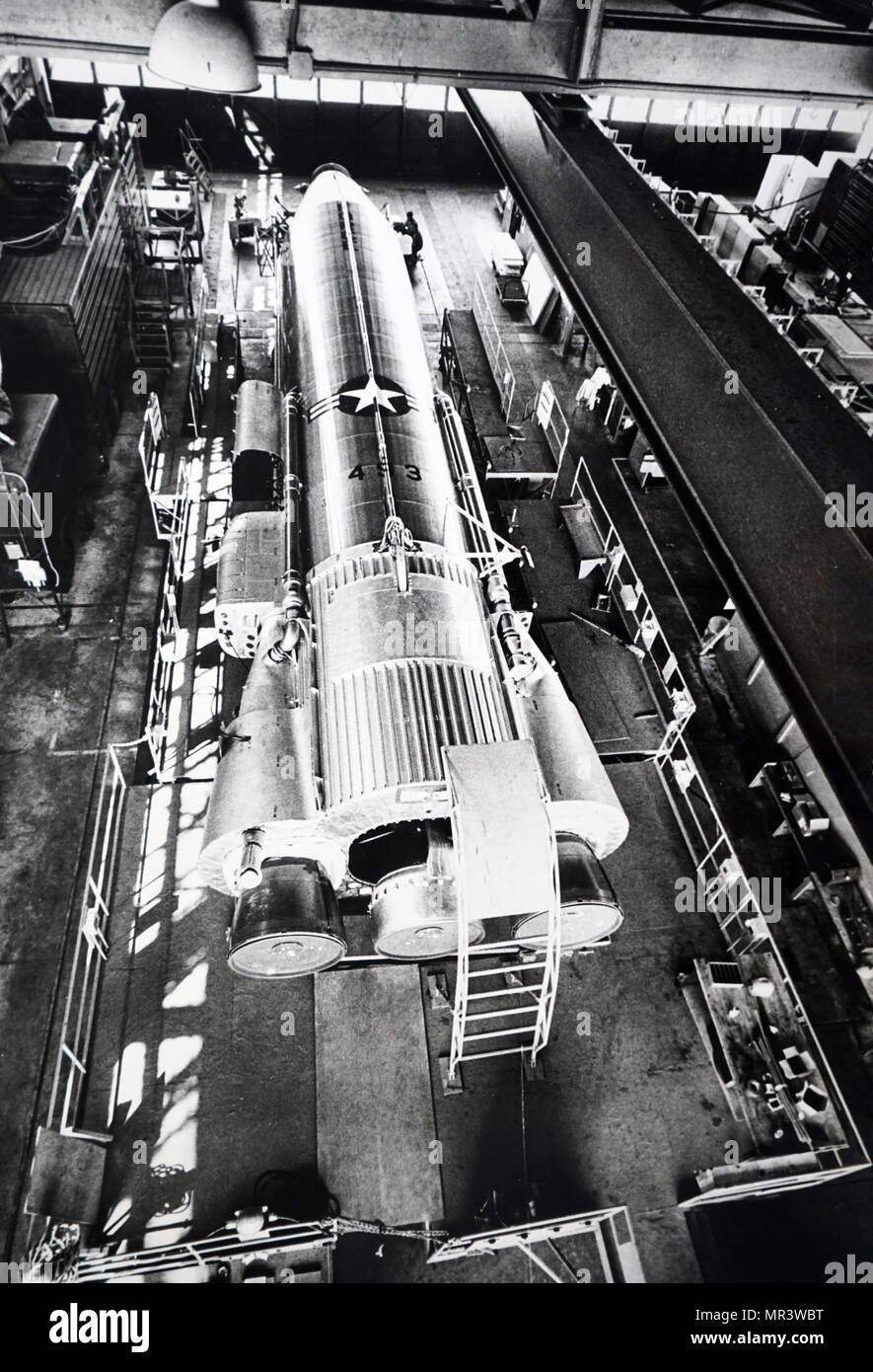 Photograph of an Atlas Missile inside a hanger at Cape Canaveral, Florida. The SM-65 Atlas was the first operational intercontinental ballistic missile (ICBM) developed by the United States, and the first member of the Atlas rocket family. Dated 20th century Stock Photo