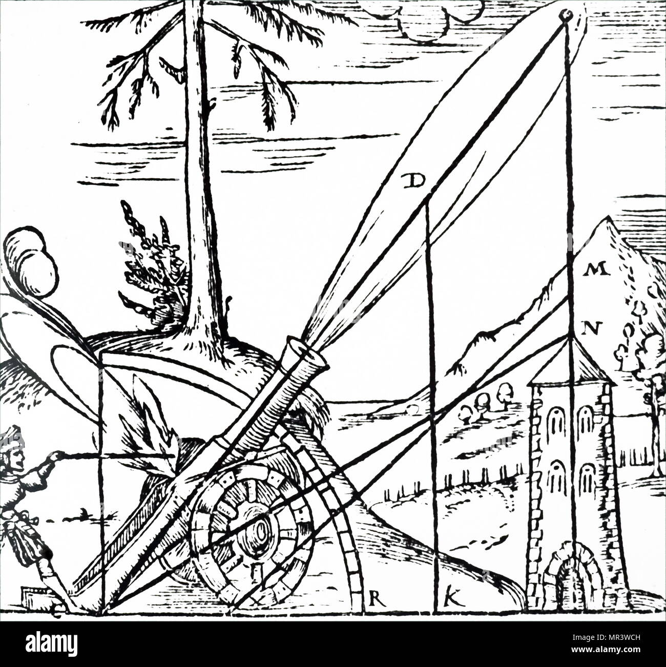 Illustration of the Aristotelian concept of the path of projectile. Since he believed no body could undertake more than one motion at a time, the path had to consist of two separate motions in a straight line. Dated 16th century Stock Photo